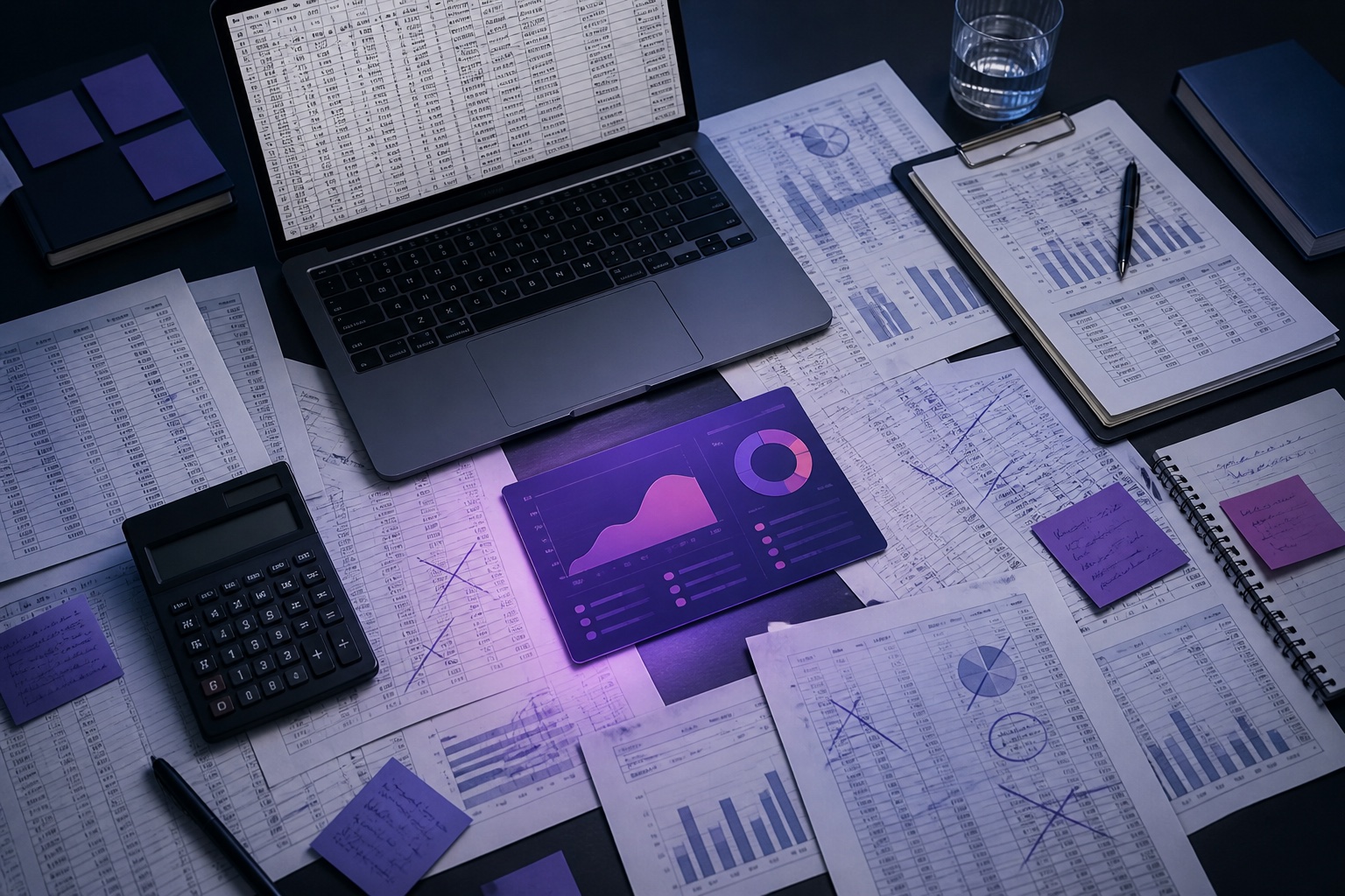 Mesa con hojas de cálculo y panel financiero